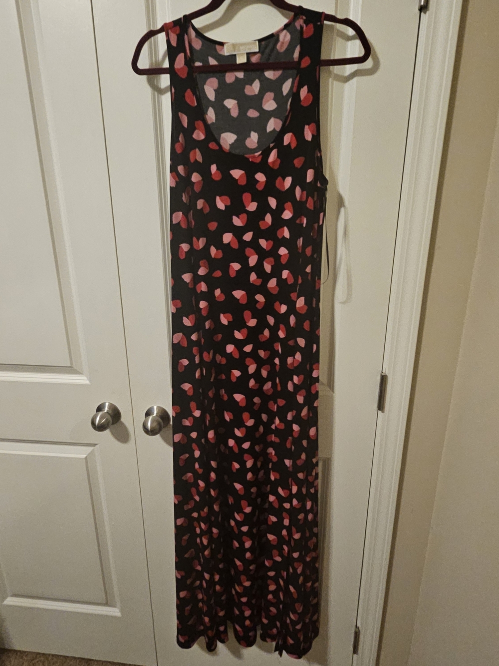 Michael Kors Black Dress with Red And Pink Heart Print. Front Left Side Split